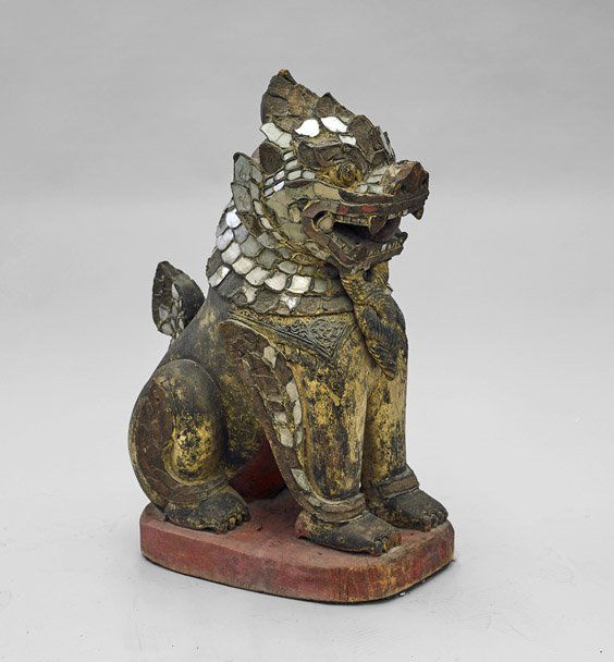 Large Antique Thai Gilt & Lacquer Wood Lion (1 of 1)