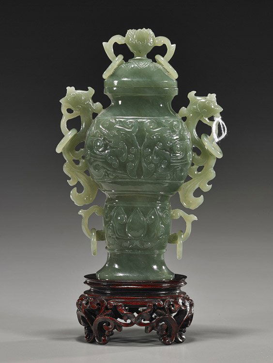 Chinese Carved Green Jade Urn & Cover (1 of 1)