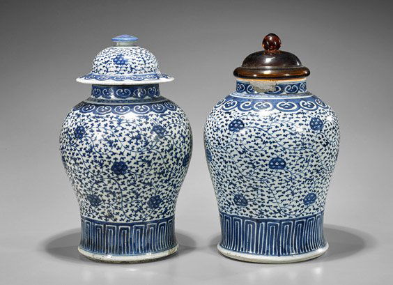 Pair Export-Style Blue & White Porcelain Jars (1 of 2)