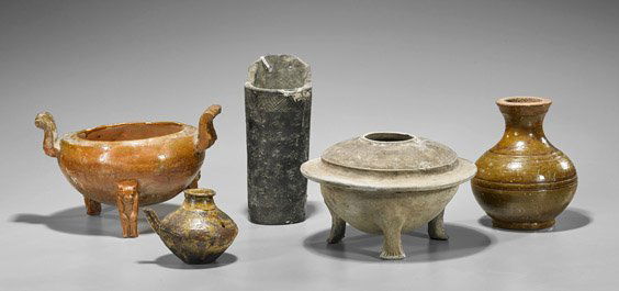 Five Han-Style Glazed & Painted Pottery Vessels (1 of 1)