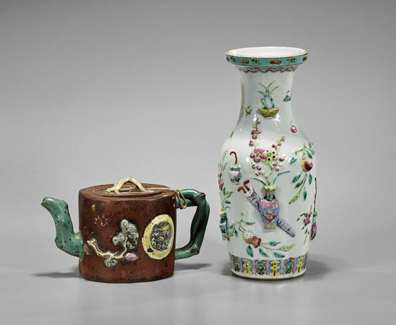 Two Chinese Moulded Items: Teapot & Vase (1 of 2)