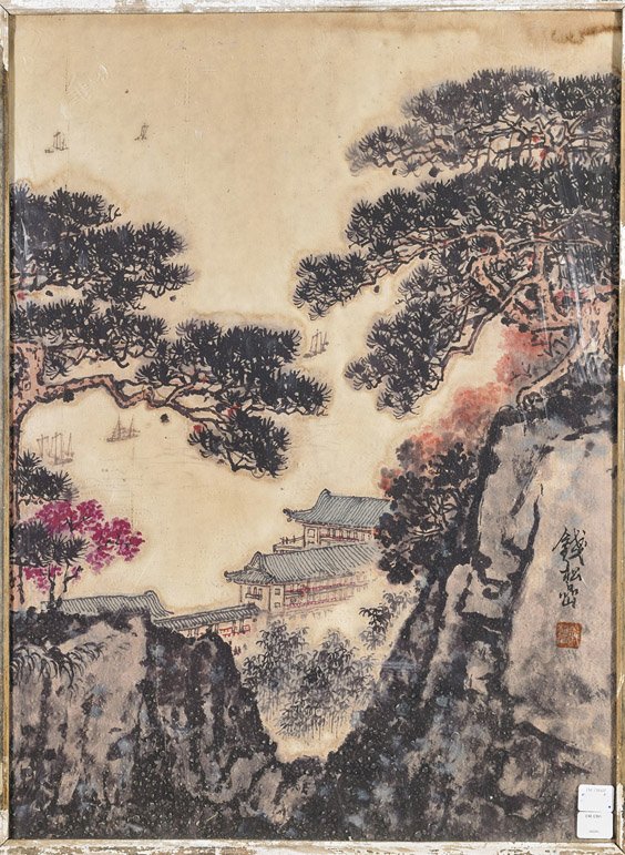 Chinese Paper Painting: Mountains: Chinese Paper Painting: Mountains Chinese ink and color on paper painting; depicting a small housing complex amid tree covered hills; inscriptions and seal marks; 23 1/4" x 17"; framed