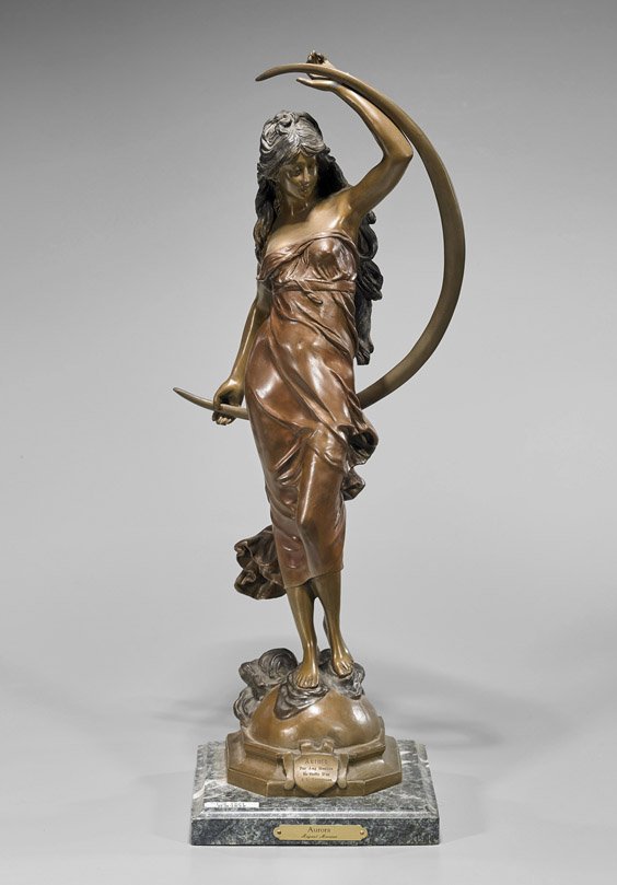 Bronze 'Aurora' Sculpture after A. Moreau: Bronze 'Aurora' Sculpture after A. MoreauBronze 'Aurora' sculpture after Auguste Moreau; of a standing female with crescent moon behind a top a marble base; with signature plaque; H: 24 1/2"