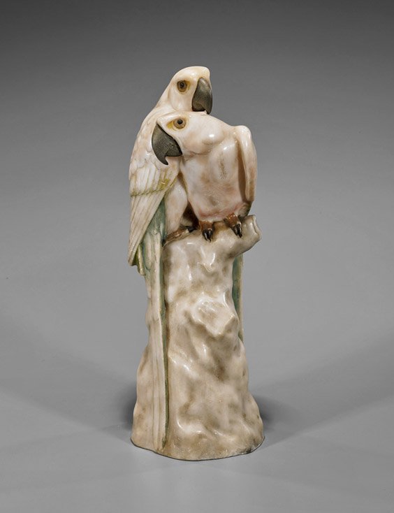 Carved & Painted Alabaster Parrot Group: Carved & Painted Alabaster Parrot Group Carved and painted alabaster parrot group; two parrot resting on a narrow branch; H: 16 1/4"