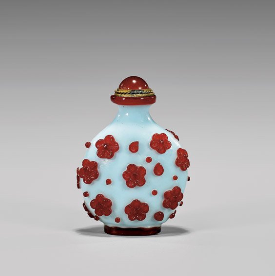 ANTIQUE TURQUOISE & RED OVERLAY GLASS SNUFF BOTTLE (1 of 2)