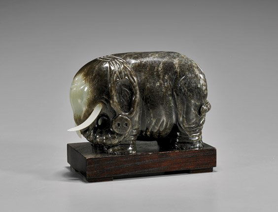 CARVED CELADON & BROWN JADE ELEPHANT (1 of 2)