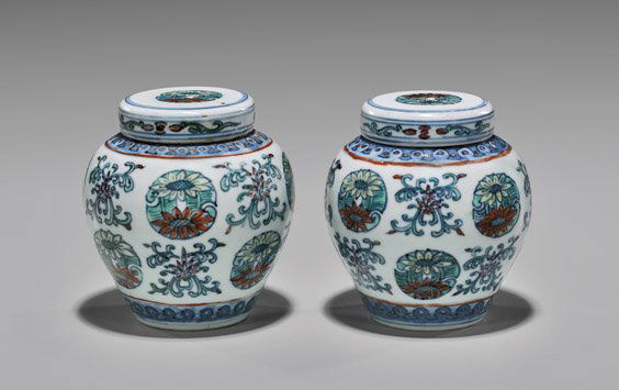 PAIR ANTIQUE WUCAI COVERED JARLETS (1 of 3)