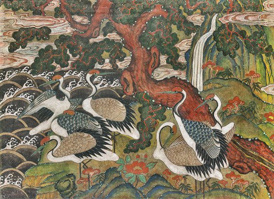 ANTIQUE KOREAN AUSPICIOUS PAINTING: Cranes & Pine (1 of 1)