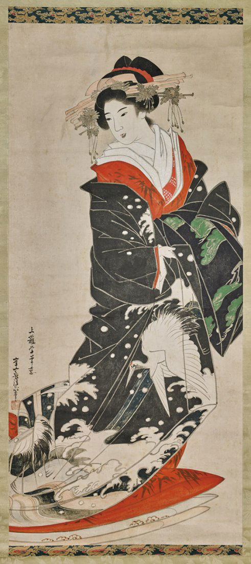 ANTIQUE JAPANESE PAPER SCROLL: Geisha (1 of 2)