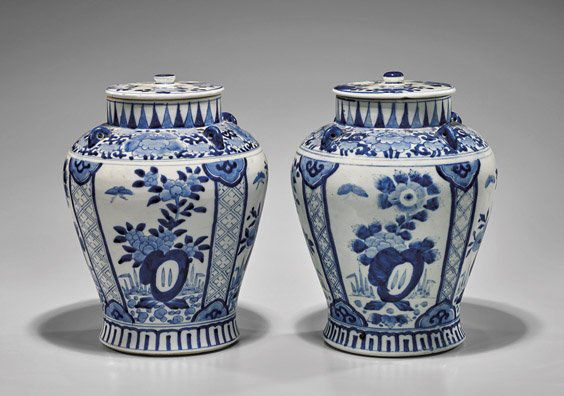 PAIR ANTIQUE BLUE & WHITE COVERED JARS (1 of 2)