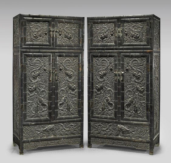 PAIR LARGE TWO-SECTION HARDWOOD CABINETS (1 of 2)