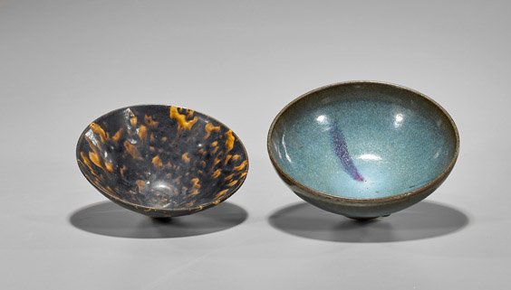 Two Chinese Song-Style Glazed Bowls: Two Chinese Song-Style Glazed Bowls Chinese Song-style ochre and dark brown splash glazed bowl; together with Chinese Jun-style purple splash glazed bowl; D: 7" (larger)