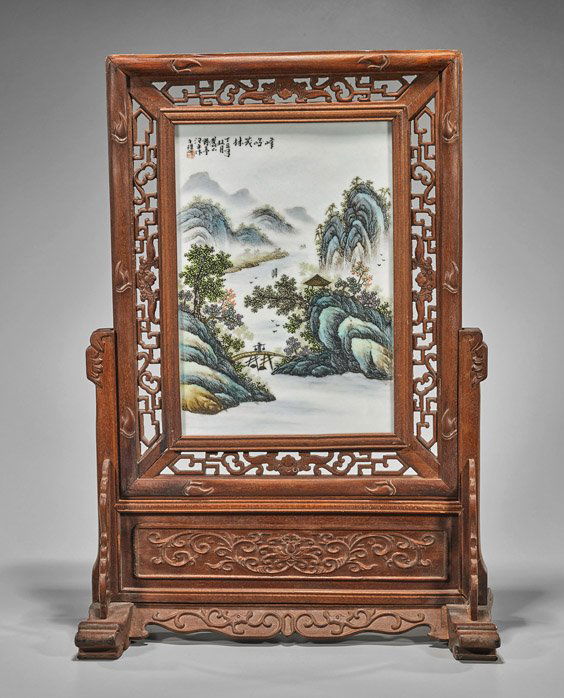 Chinese Enameled Porcelain & Wood Tablescreen (1 of 2)