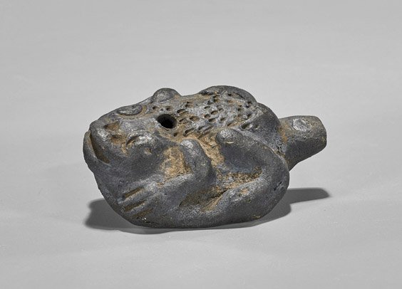 Antique Japanese Frog Clay Whistle: Antique Japanese Frog Clay Whistle Antique Japanese black clay whistle; in the form of a stylized frog; possibly ancient Jomon; L: 3 3/4"; Provenance: From the Hashimoto Estate