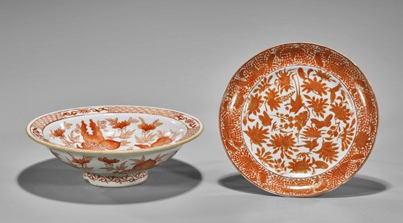 Two Antique Coral Red & Gilt Porcelain Dishes (1 of 3)