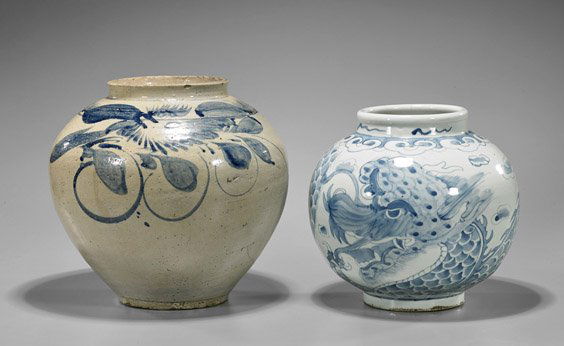 Two Antique Korean Blue & White Porcelain Vases (1 of 1)
