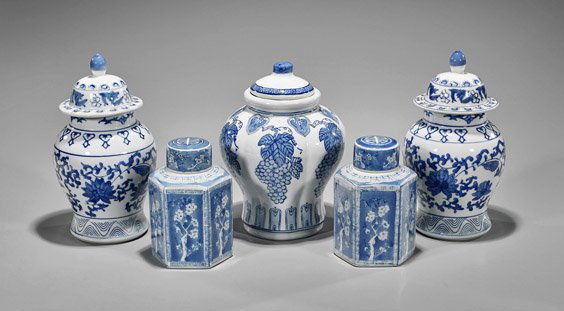Five Chinese Blue & White Covered Jars (1 of 1)