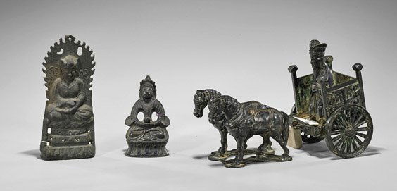 Three Old Asian Bronzes: Carriage & Two Deities (1 of 1)
