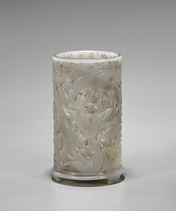 Chinese Carved Grey Jade Brushpot (1 of 2)