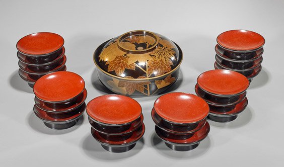 Twenty-One Antique Japanese Black Lacqueware Dishes (1 of 1)