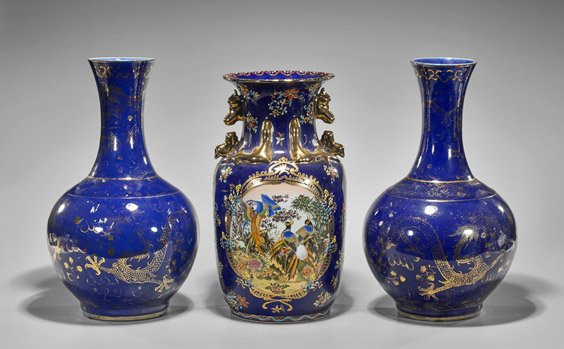 Three Large Blue & Gilt Porcelain Vases (1 of 3)
