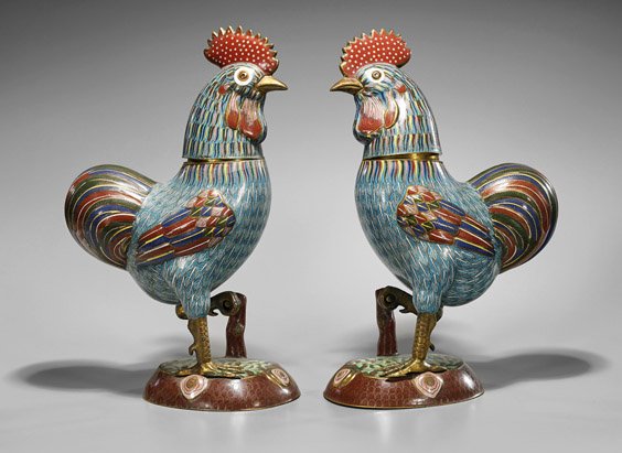 Pair Tall Chinese Cloisonné Enamel Roosters (1 of 1)