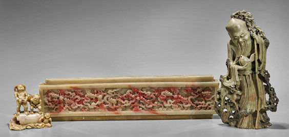 Three Chinese Soapstone Carvings: Figures & Plaque (1 of 1)