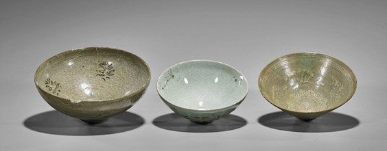 Three Antique Korean Celadon Glazed Bowls (1 of 2)