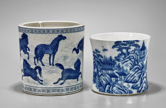 Two Large Chinese Blue & White Porcelain Brushpots (1 of 2)