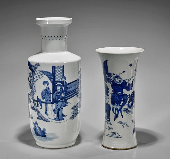 Two Kangxi-Style Blue & White Porcelain Vases: Two tall, Chinese Kangxi-style blue and white porcelain vases: of rouleau form with ladies and figures in a garden; together with beaker form of an Immortal meeting a beast;; H: 19" (taller