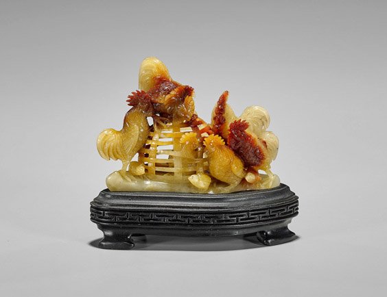 Chinese Openwork Shoushan Stone Rooster Group (1 of 2)