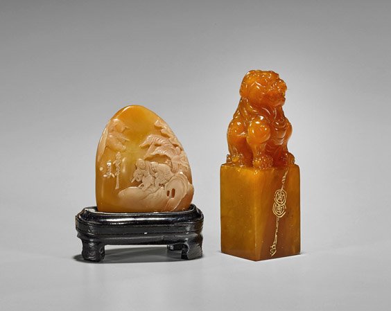 Two Chinese Carved Shoushan Stones: Seal & Pebble (1 of 2)