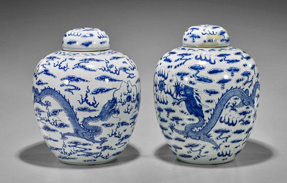Pair Antique Chinese Blue & White Covered Vases (1 of 2)