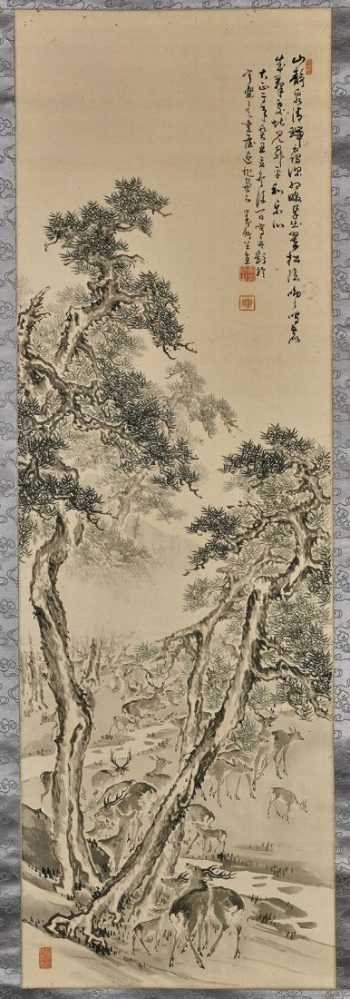 Two Chinese Silk Scrolls: Deer & Mountain (1 of 5)