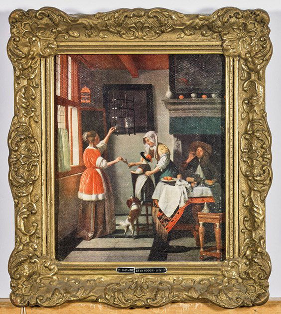 Six Framed European Paintings: Group of framed European paintings and reproductions, including: pair of oil on board paintings of snowy village scenes, signed Polderman; three miniature framed Dutch copies of works by Jan Steen, Ja