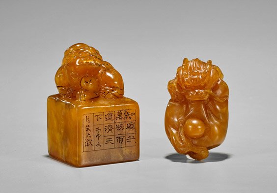 Two Chinese Carved Shoushan Stones: Toggle & Seal (1 of 2)
