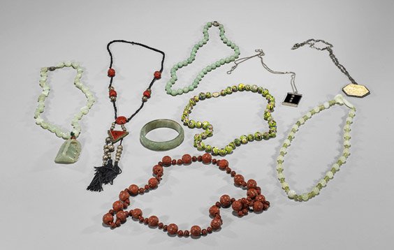 Nine Various Chinese Jewelry: Group of various Chinese jewelry, including: bowenite bead necklaces, pendants and bracelets; lacquer pendant and bead necklace; together with silver pendant; together with composite;; L: 38" (