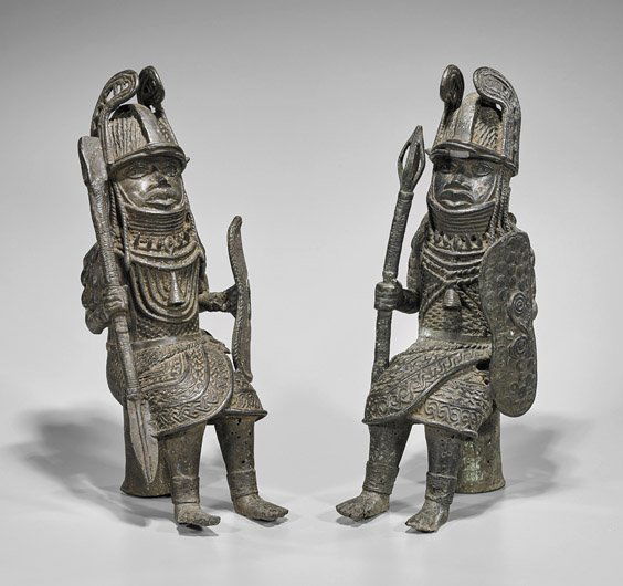 Pair Heavy Benin-Style Bronze Seated Soldiers (1 of 2)