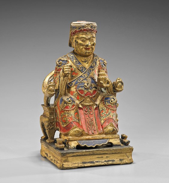 Antique Chinese Polychromed & Gilt Wood Figure: Antique Chinese polychromed and gilt wood figure; a seated man on a throne with elaborate robes, holding an object in left and raised right hand;; H: 9¼"