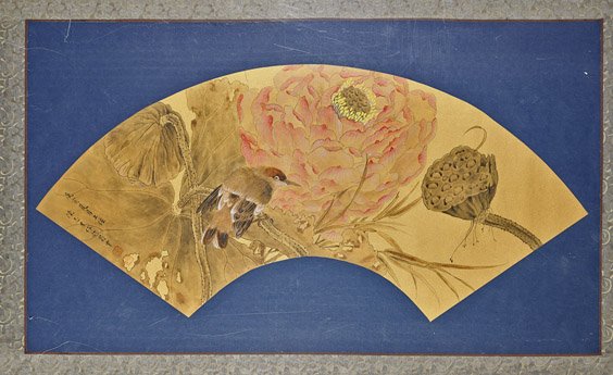 Chinese Paper Fan Painting: Bird & Lotus (1 of 2)