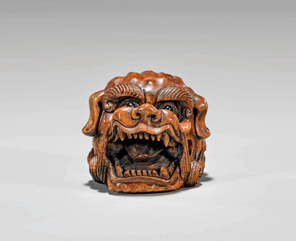 ANTIQUE CARVED WOOD NETSUKE: Lion Mask (1 of 3)