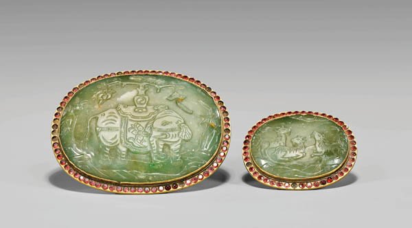 TWO ANTIQUE BRASS-MOUNTED JADE PLAQUES (1 of 2)