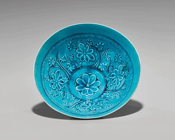 ANTIQUE CHINESE TURQUOISE GLAZED MOULDED BOWL: Flowers (1 of 3)