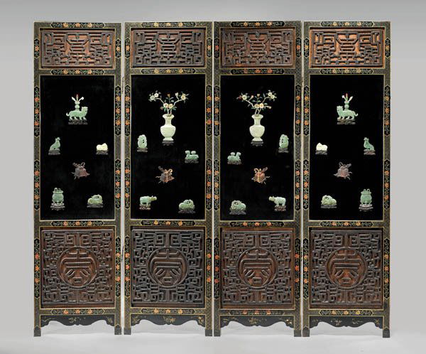 FOUR-PANEL JADE & HARDSTONE INLAID LACQUER SCREEN (1 of 1)