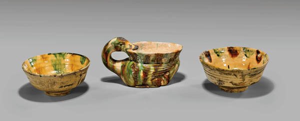 ANTIQUE SANCAI GLAZED POTTERY: Pair Bowls & Duck (1 of 2)