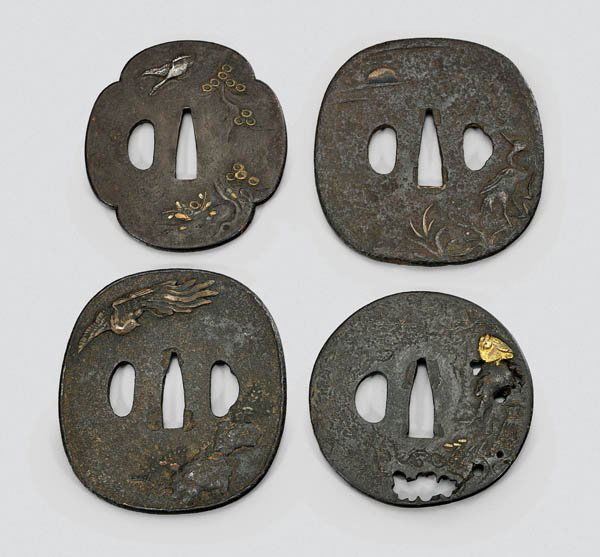 FOUR ANTIQUE JAPANESE IRON TSUBA: Birds (1 of 2)