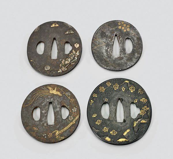 FOUR ANTIQUE JAPANESE MIXED-METAL INLAY IRON TSUBA (1 of 2)