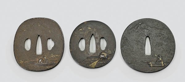 THREE ANTIQUE JAPANESE IRON TSUBA: Fishermen (1 of 2)