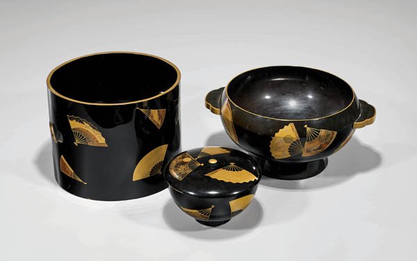 THREE ANTIQUE JAPANESE BLACK LACQUER: Vessels & Stand (1 of 2)