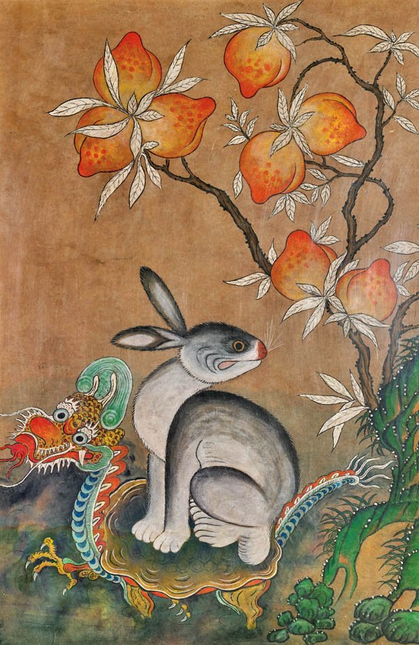 ANTIQUE KOREAN FOLK PAINTING: Rabbit & Dragon-Turtle (1 of 1)